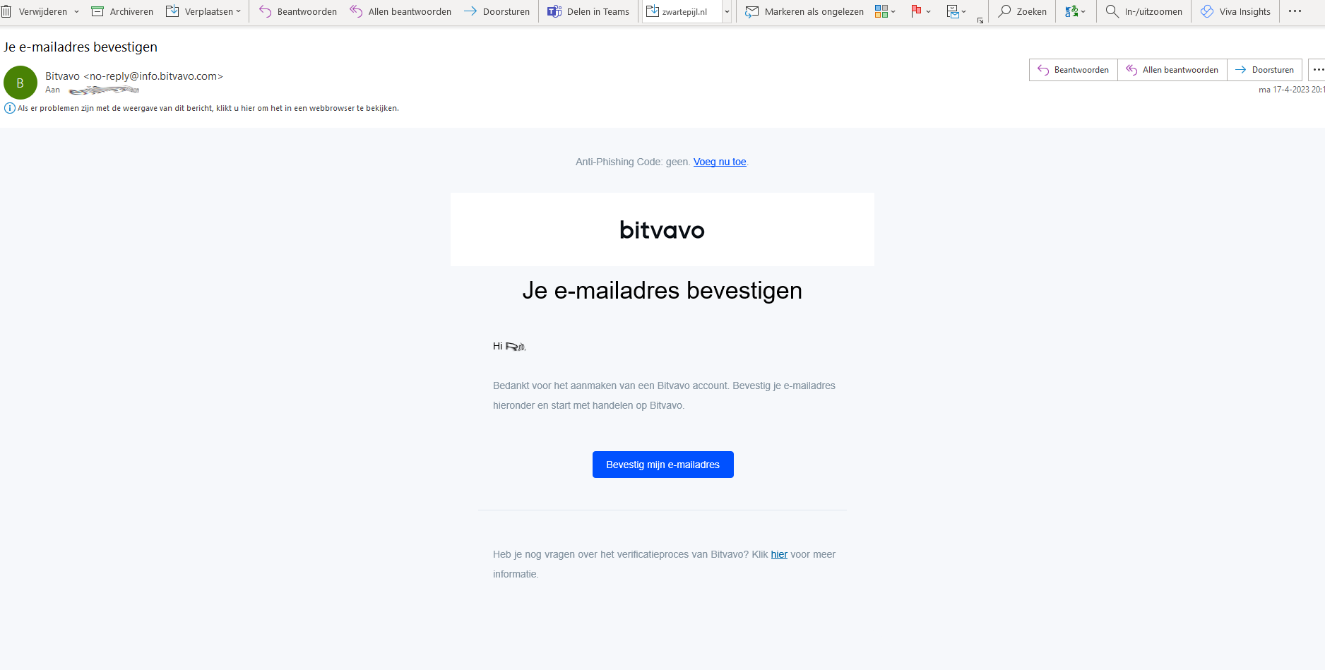 Bitvavo - email bevestigen emailadres