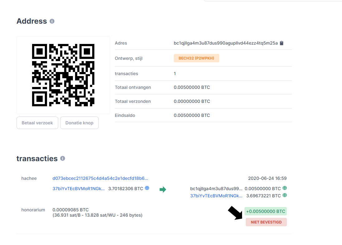Blockchain.com bitcoin (BTC) transactie 0 bevestigingen