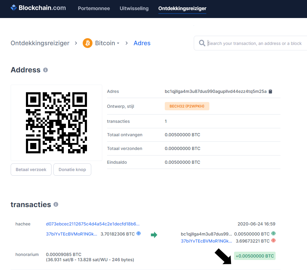Blockchain.com bitcoin (BTC) transactie 3 bevestigingen
